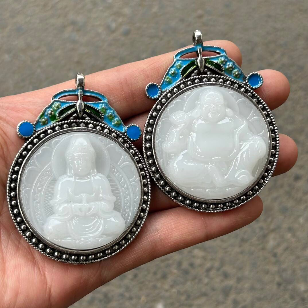 Chinese antique cloisonn é imitation jade Guanyin Buddha pendant hanging tag