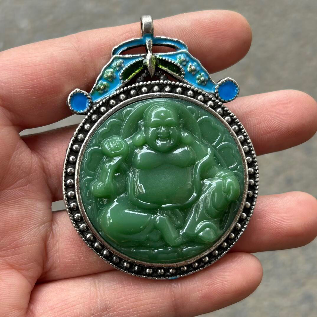 Chinese antique cloisonn é imitation jade Guanyin Buddha pendant hanging tag