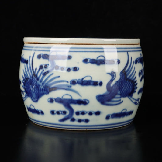 Blue and white fairy crane patterned cricket jar