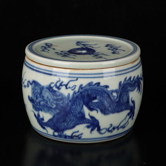 Blue and white dragon and phoenix auspicious pattern cricket jar