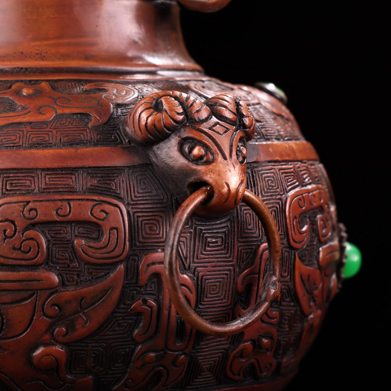 Chinese antique pure copper, purple copper, all copper, pure copper inlaid with gemstones and animal face vases