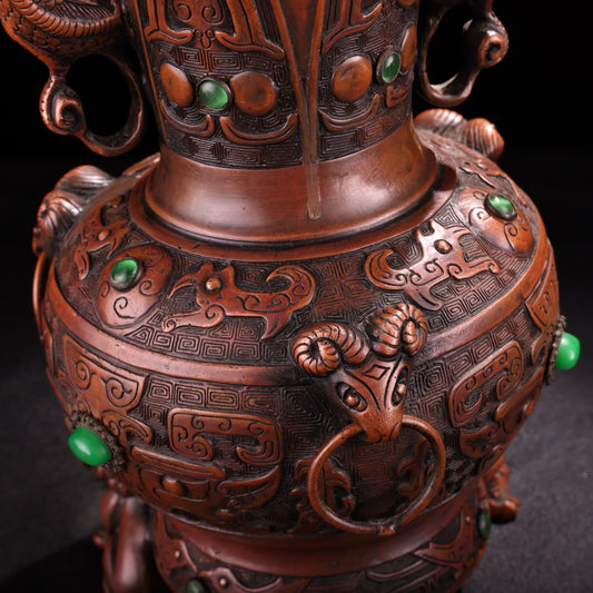 Chinese antique pure copper, purple copper, all copper, pure copper inlaid with gemstones and animal face vases