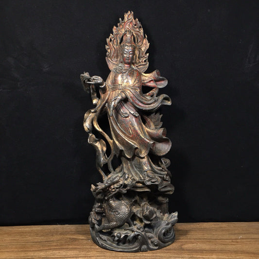 Chinese antique pure copper Dragon Subduing Guanyin ornaments