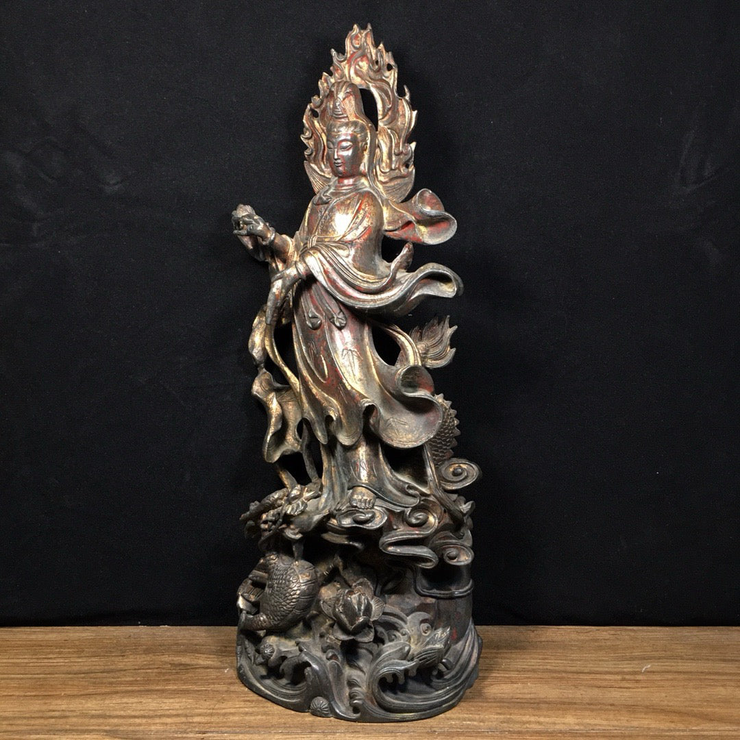 Chinese antique pure copper Dragon Subduing Guanyin ornaments