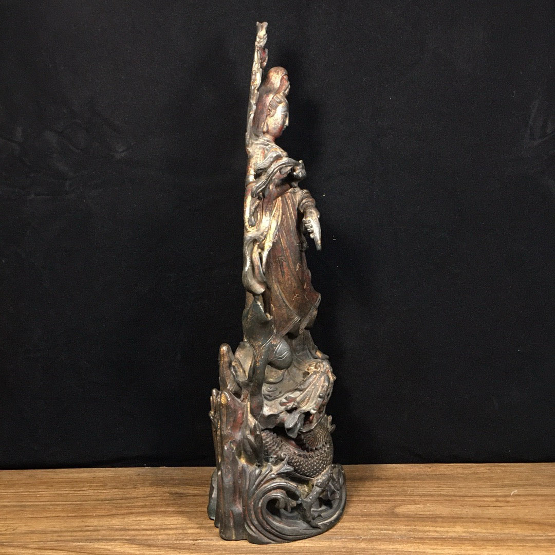 Chinese antique pure copper Dragon Subduing Guanyin ornaments