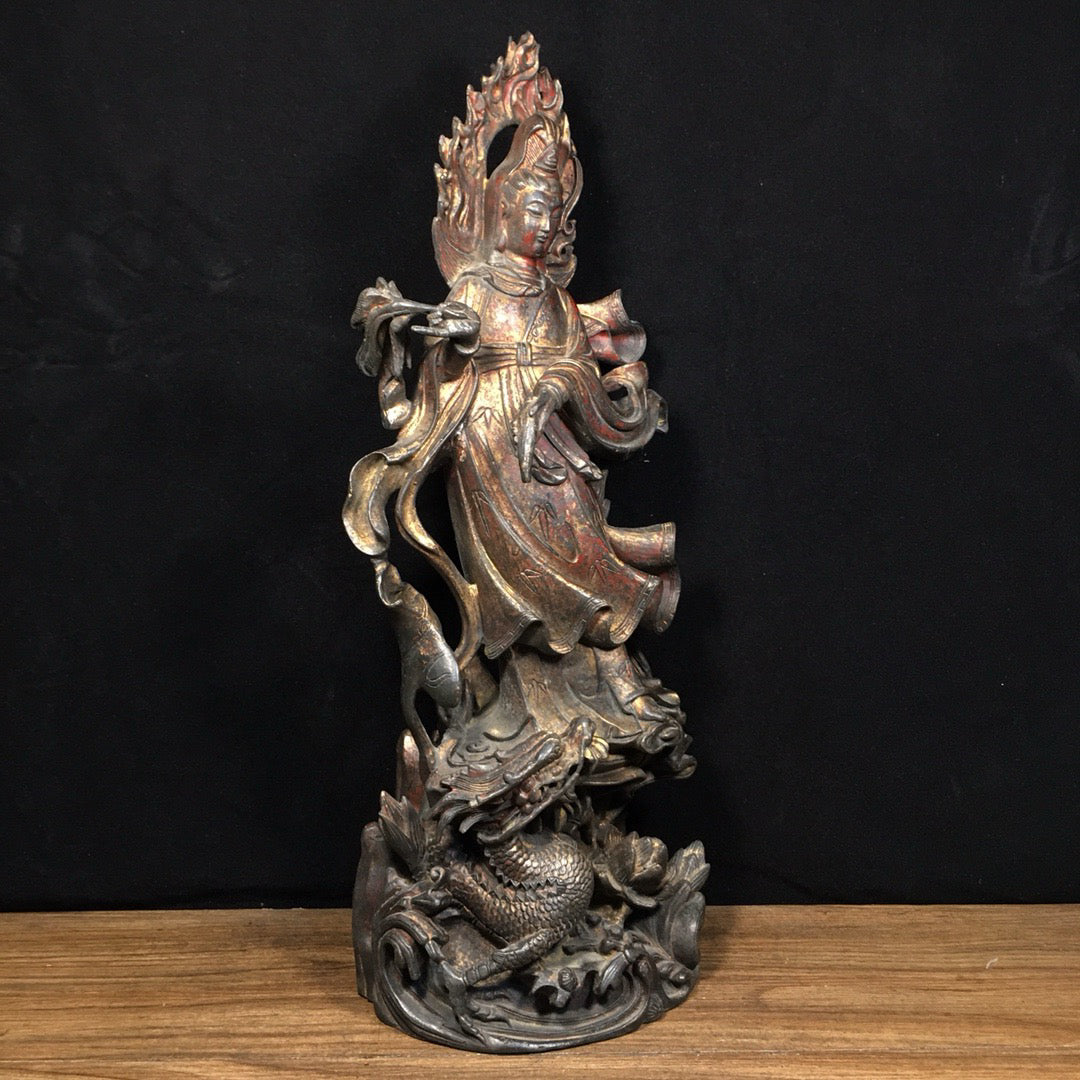 Chinese antique pure copper Dragon Subduing Guanyin ornaments