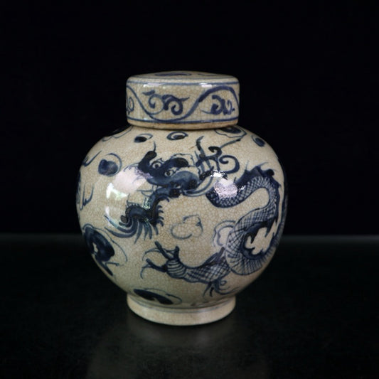 Open blue and white dragon patterned lid jar