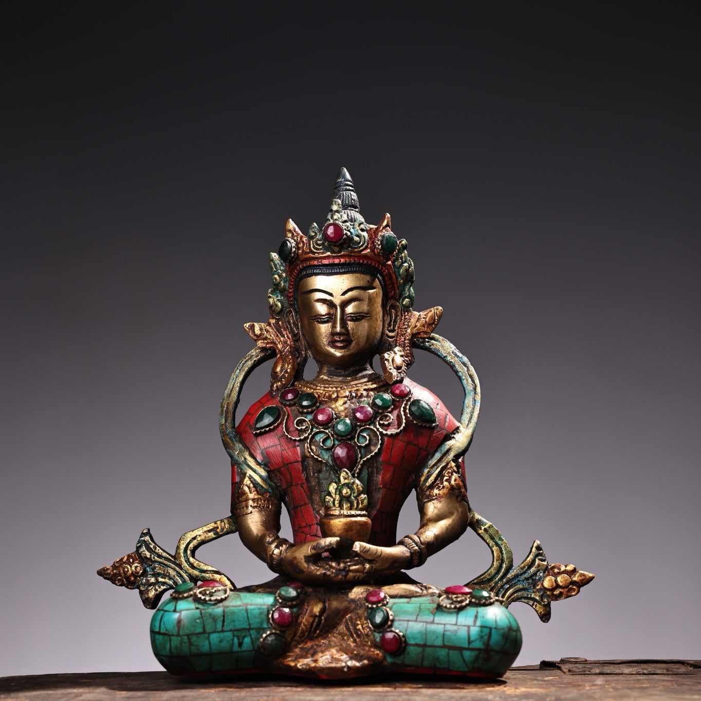 Chinese antique pure copper inlaid with gemstones, painted with Tibetan esoteric longevity Buddha statue