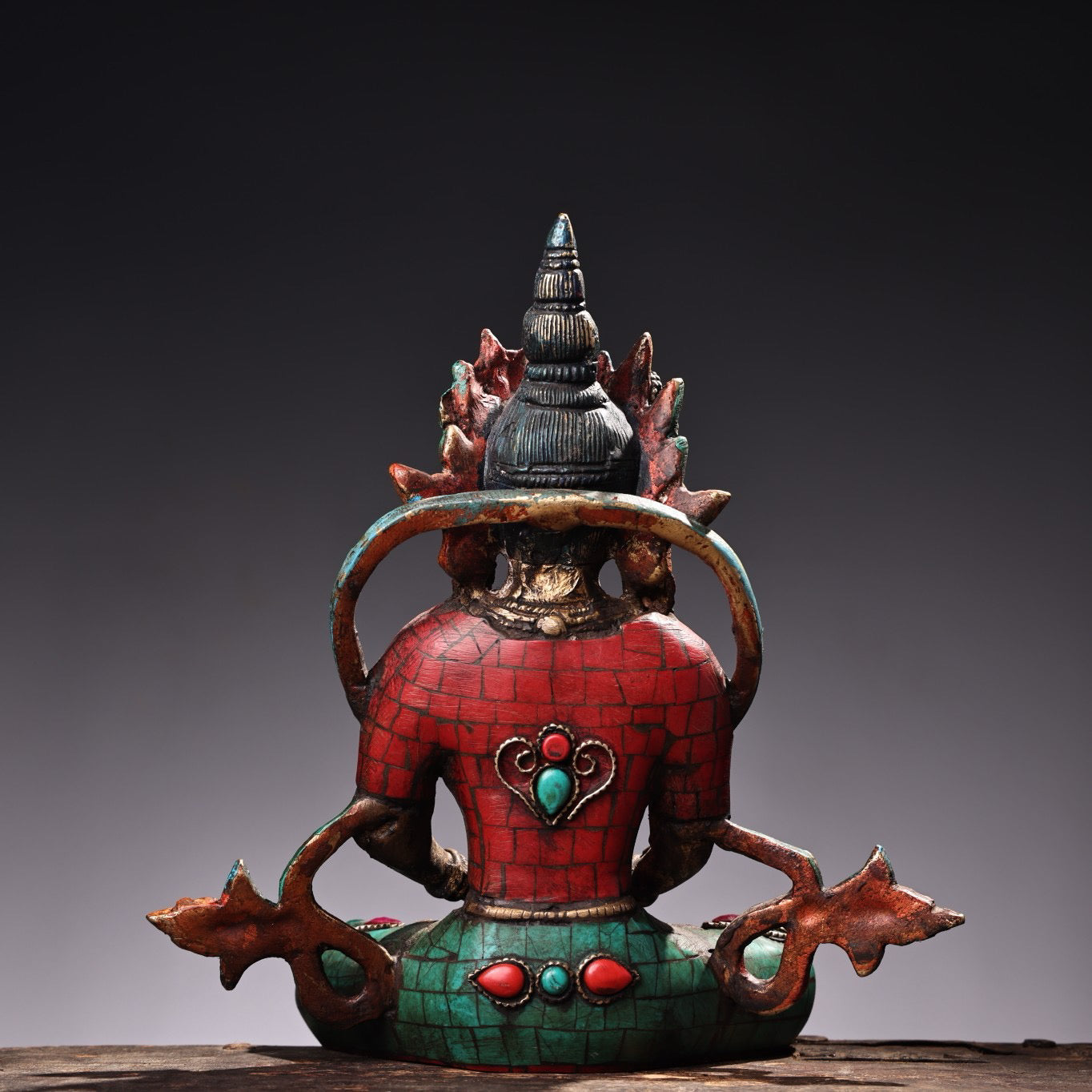 Chinese antique pure copper inlaid with gemstones, painted with Tibetan esoteric longevity Buddha statue