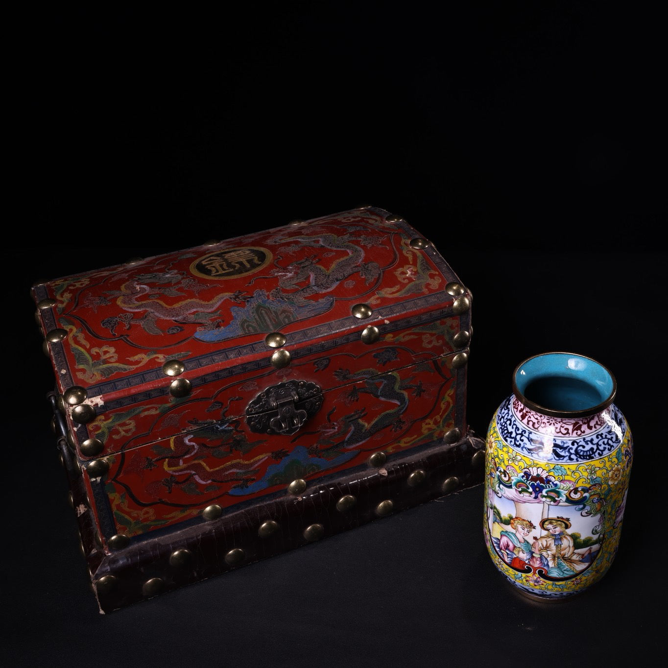 Chinese antique pure copper body hand painted enamel cloisonn é vase