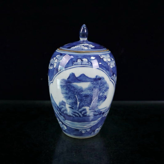 Blue and white ice plum patterned mountain and water patterned lid jar