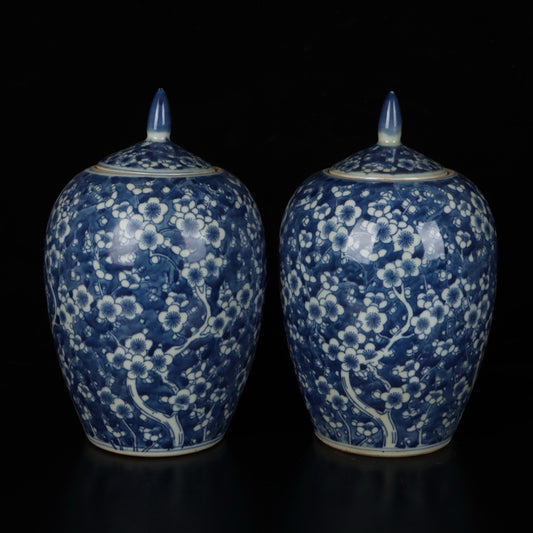 A pair of blue and white ice plum patterned general jars