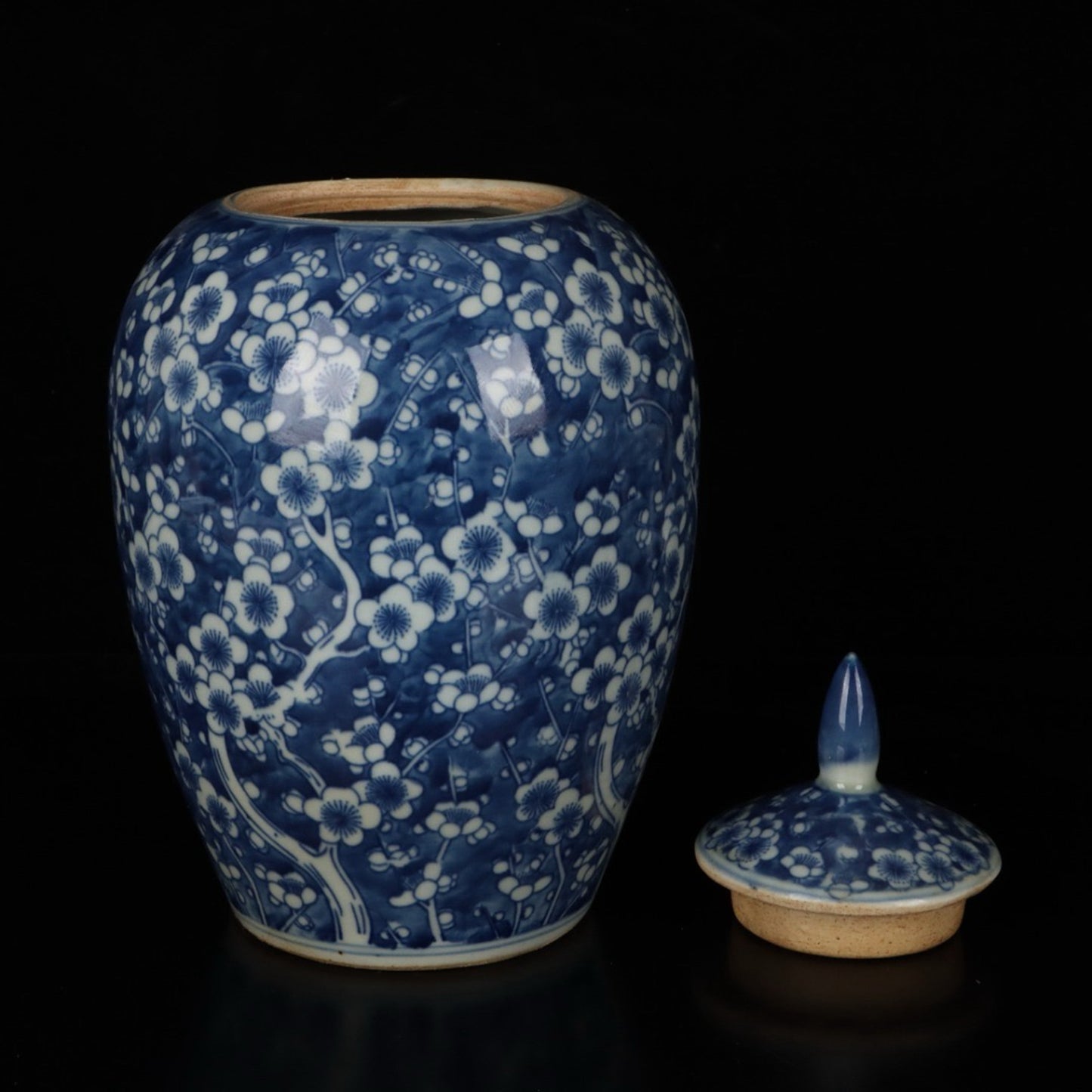 A pair of blue and white ice plum patterned general jars