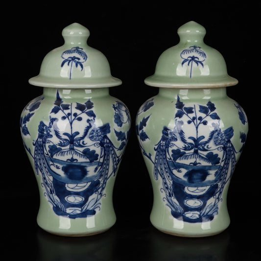 A pair of bean green glazed blue and white general jars