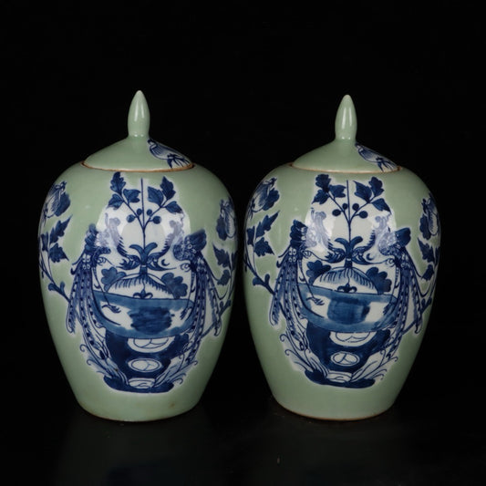 A pair of bean green glazed blue and white winter melon jars