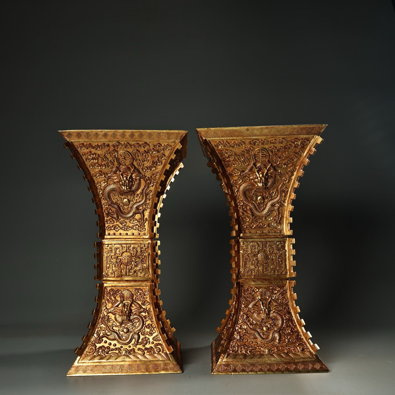 A pair of Chinese antique pure copper high relief carved gilded square statues