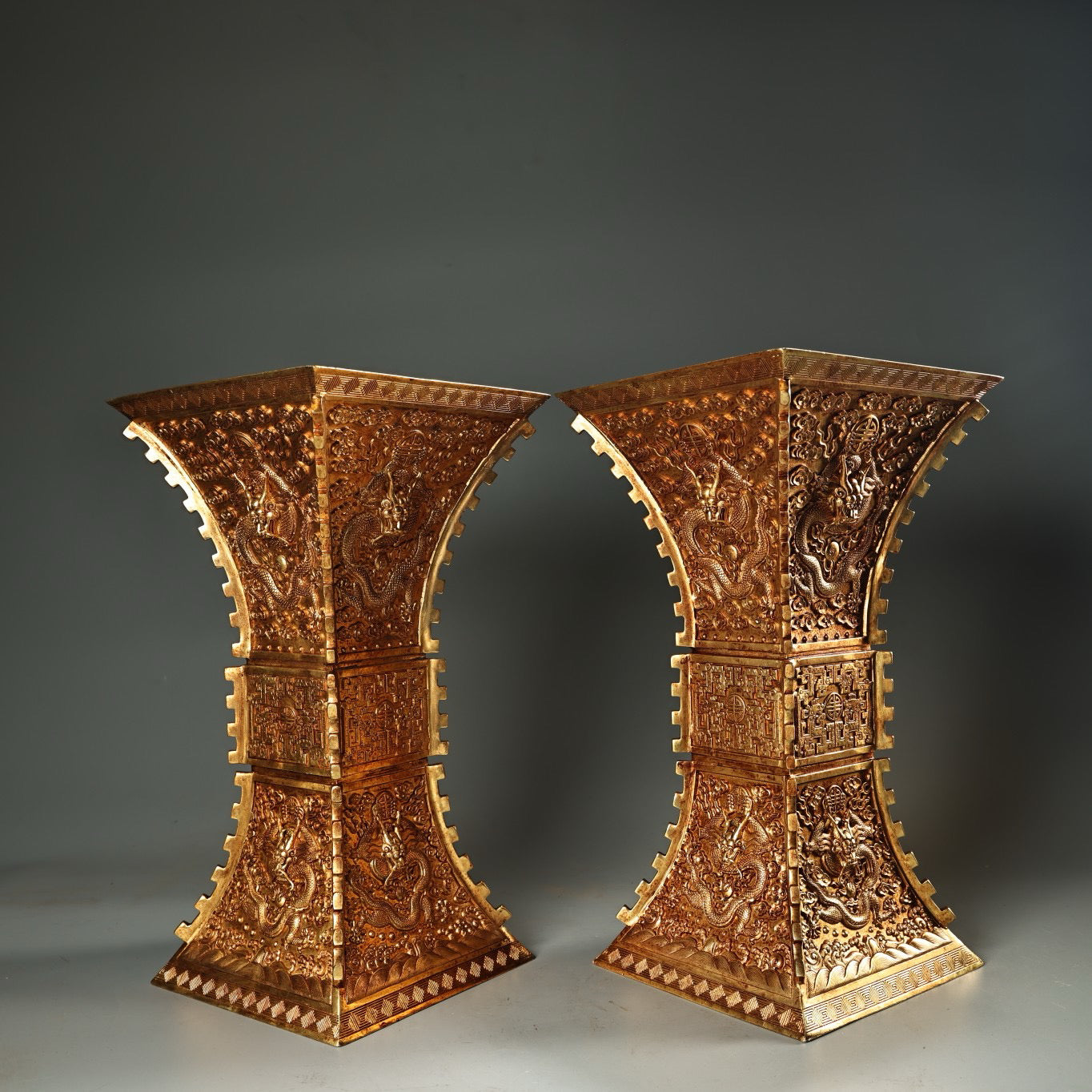 A pair of Chinese antique pure copper high relief carved gilded square statues