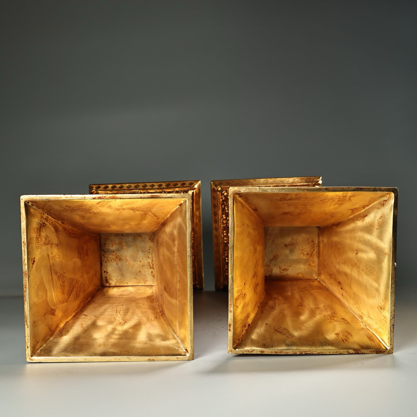 A pair of Chinese antique pure copper high relief carved gilded square statues