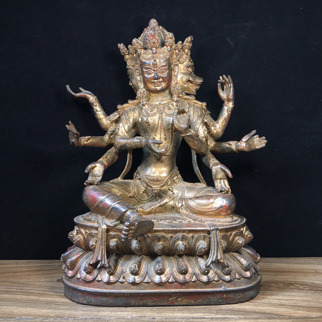 Chinese antique pure copper Buddha statue with three sides and eight arms