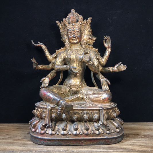 Chinese antique pure copper Buddha statue with three sides and eight arms