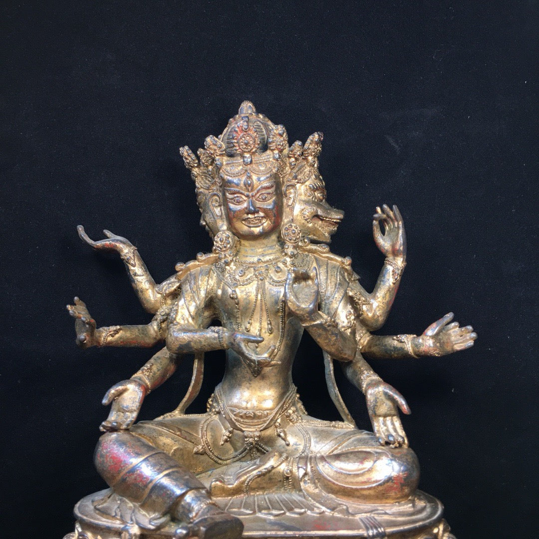 Chinese antique pure copper Buddha statue with three sides and eight arms
