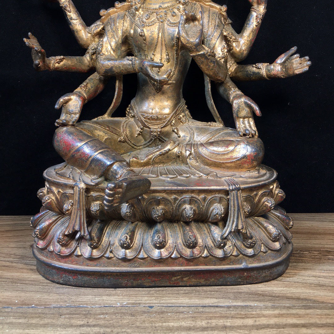 Chinese antique pure copper Buddha statue with three sides and eight arms