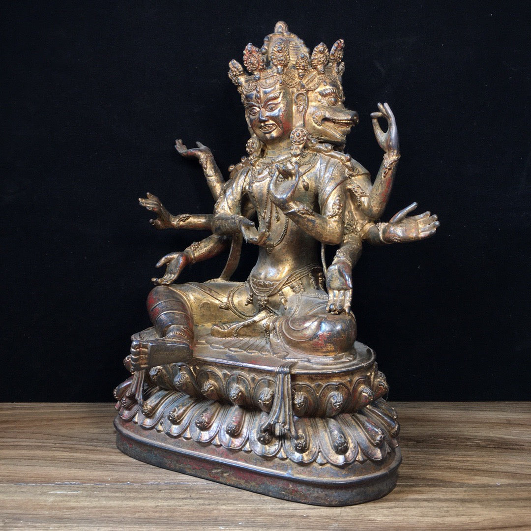 Chinese antique pure copper Buddha statue with three sides and eight arms