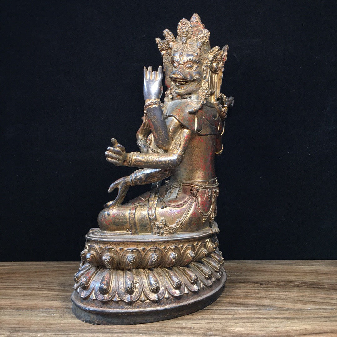 Chinese antique pure copper Buddha statue with three sides and eight arms
