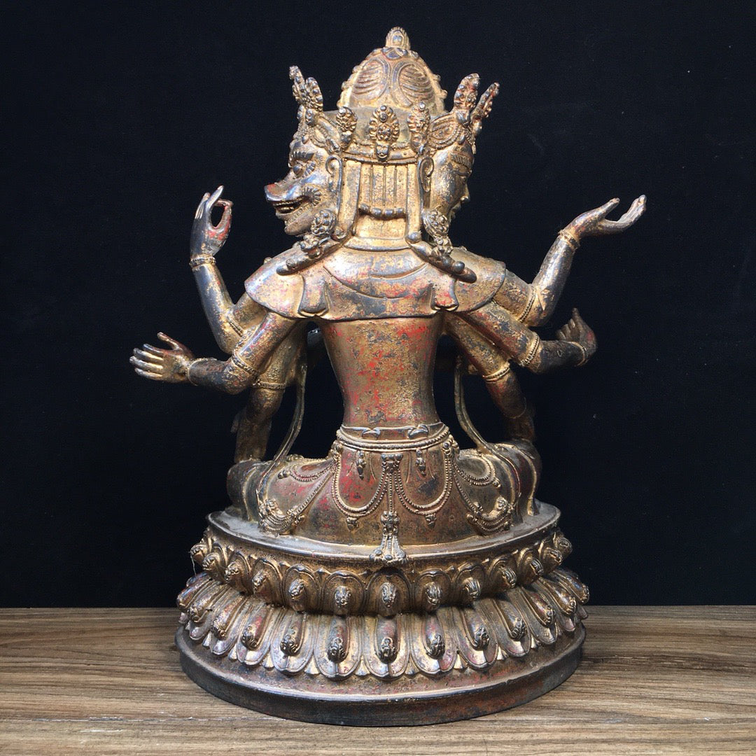 Chinese antique pure copper Buddha statue with three sides and eight arms