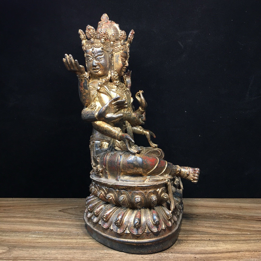 Chinese antique pure copper Buddha statue with three sides and eight arms