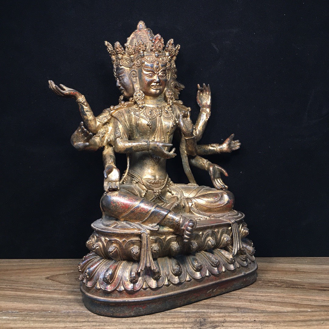 Chinese antique pure copper Buddha statue with three sides and eight arms