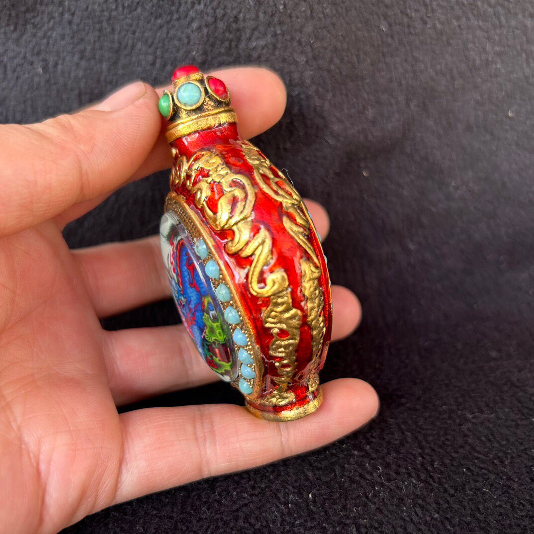 Chinese antique copper inlaid cloisonn é luminous snuff bottle