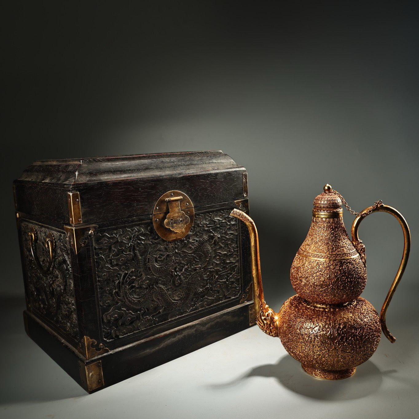 Chinese antique pure copper high relief carved gilded gourd wine pot