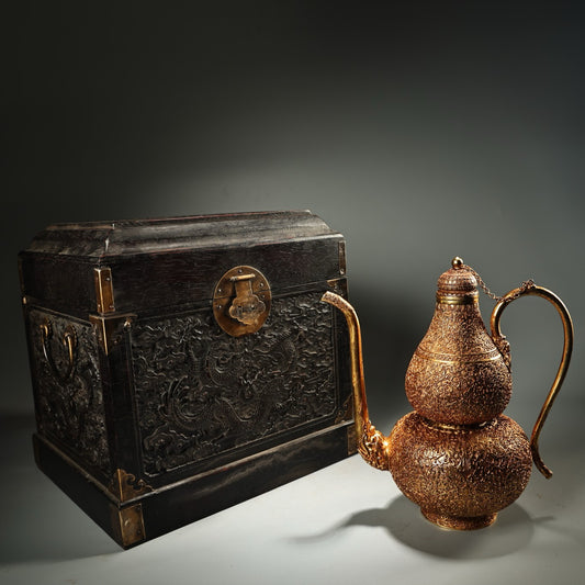 Chinese antique pure copper high relief carved gilded gourd wine pot