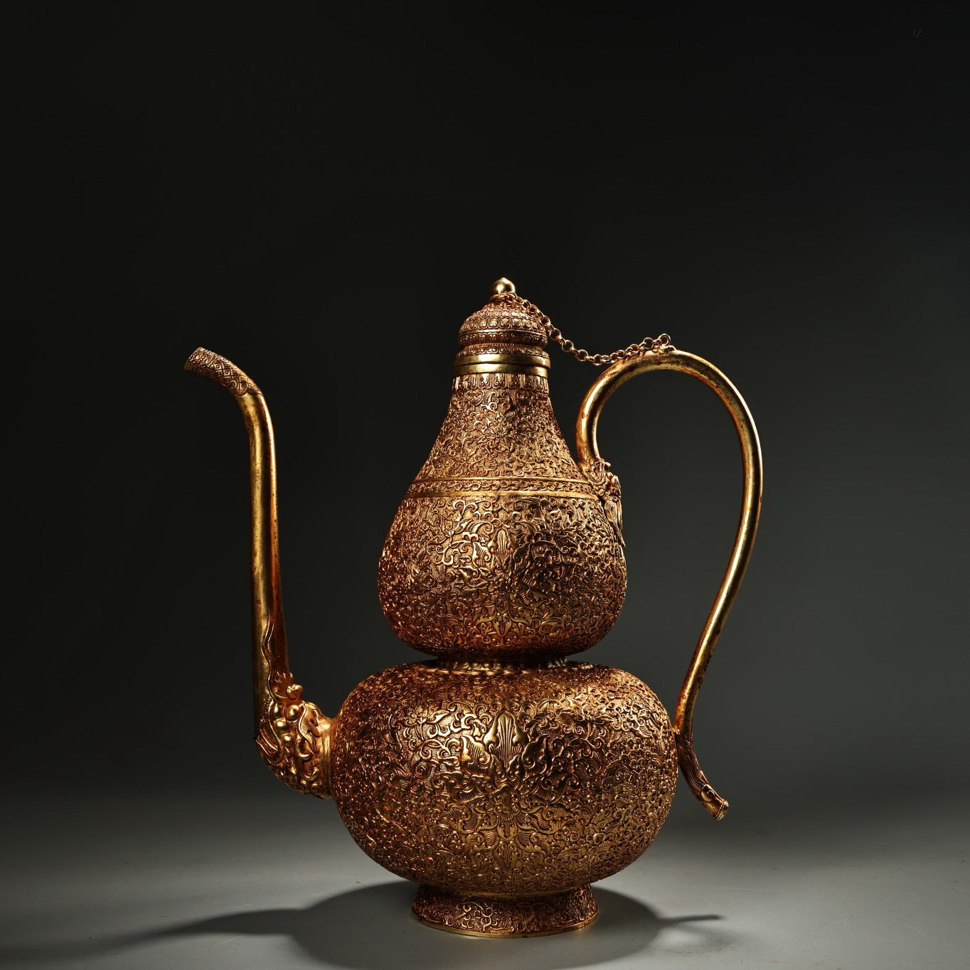 Chinese antique pure copper high relief carved gilded gourd wine pot