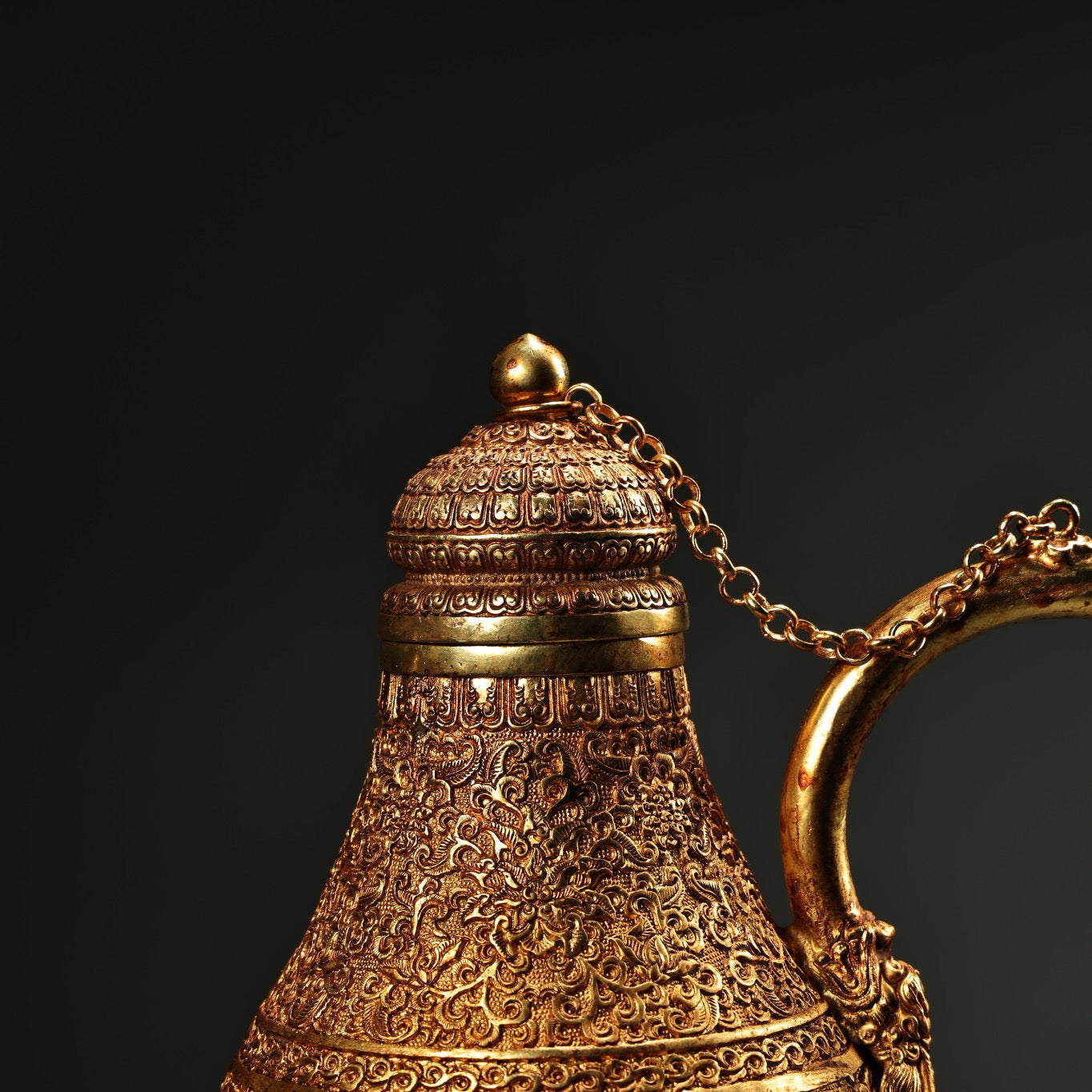 Chinese antique pure copper high relief carved gilded gourd wine pot