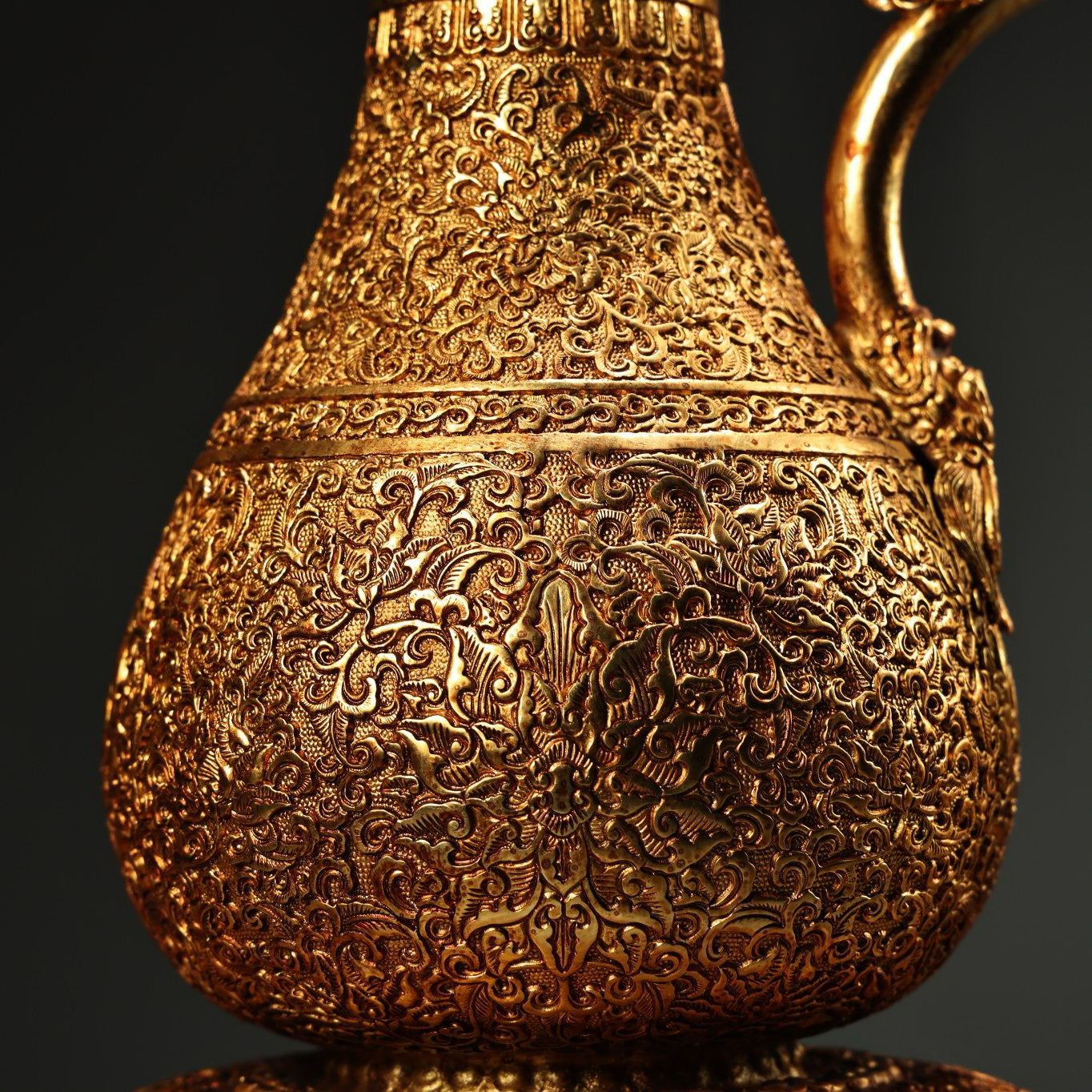 Chinese antique pure copper high relief carved gilded gourd wine pot