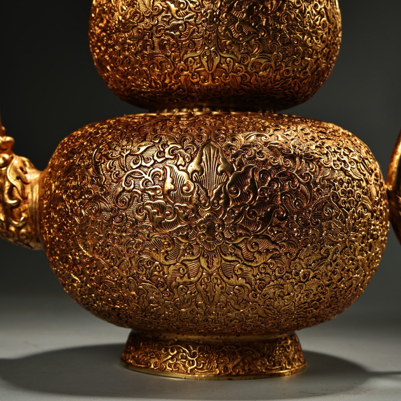 Chinese antique pure copper high relief carved gilded gourd wine pot