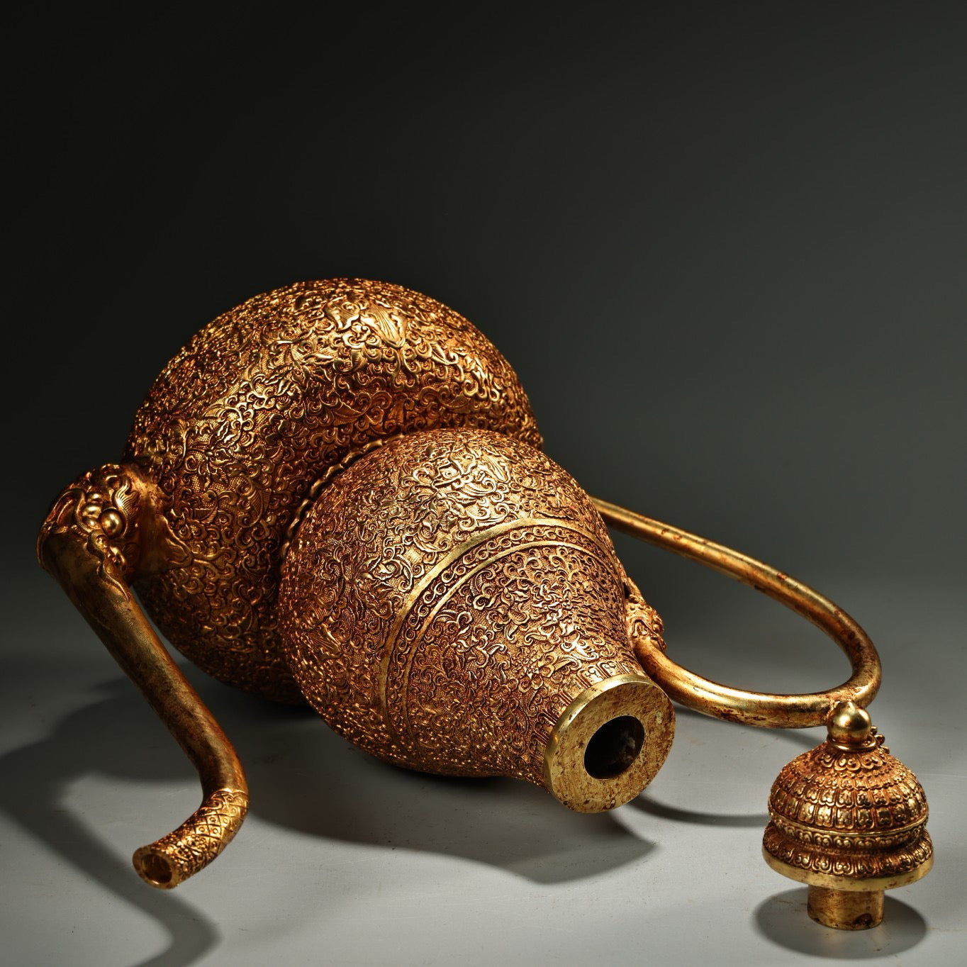 Chinese antique pure copper high relief carved gilded gourd wine pot