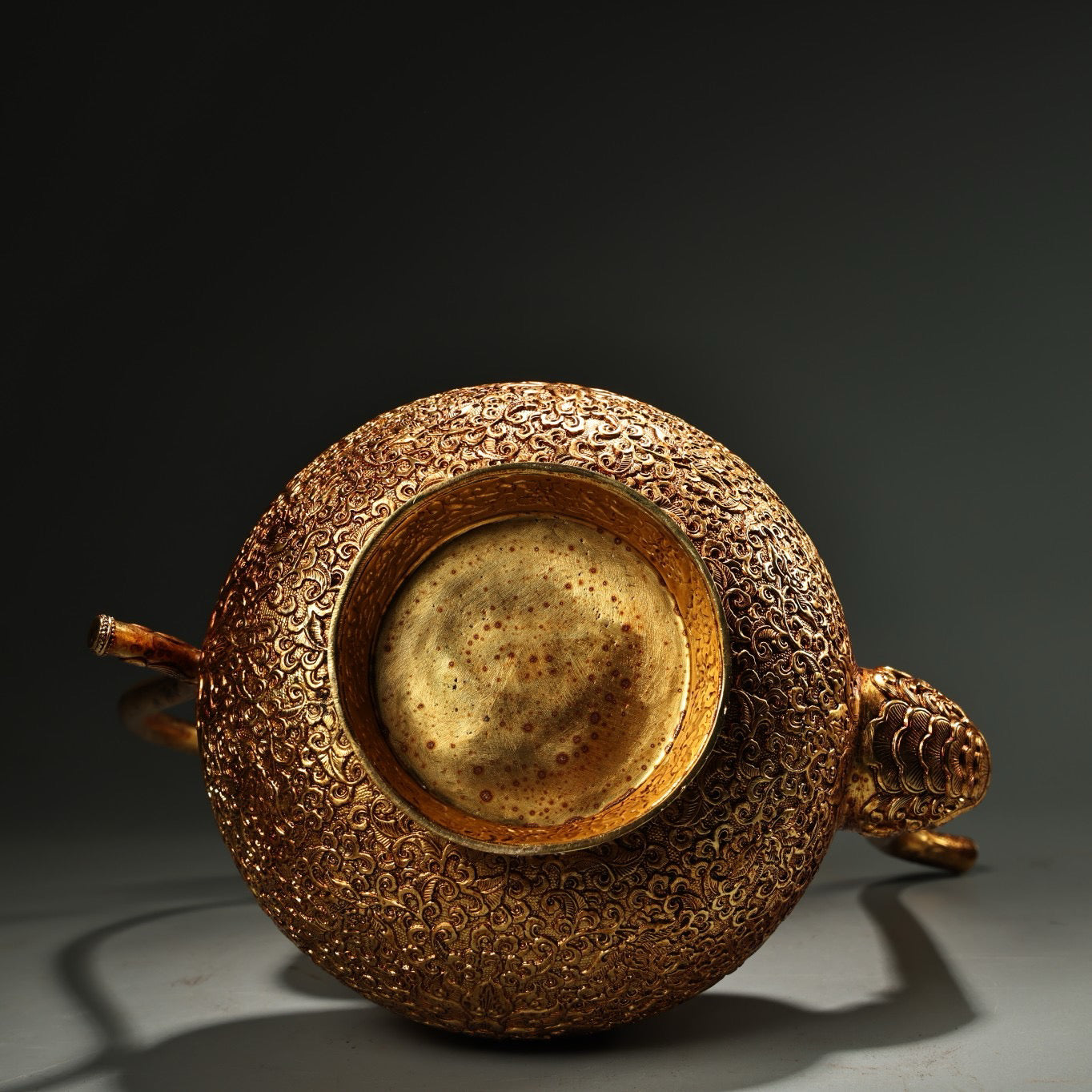 Chinese antique pure copper high relief carved gilded gourd wine pot