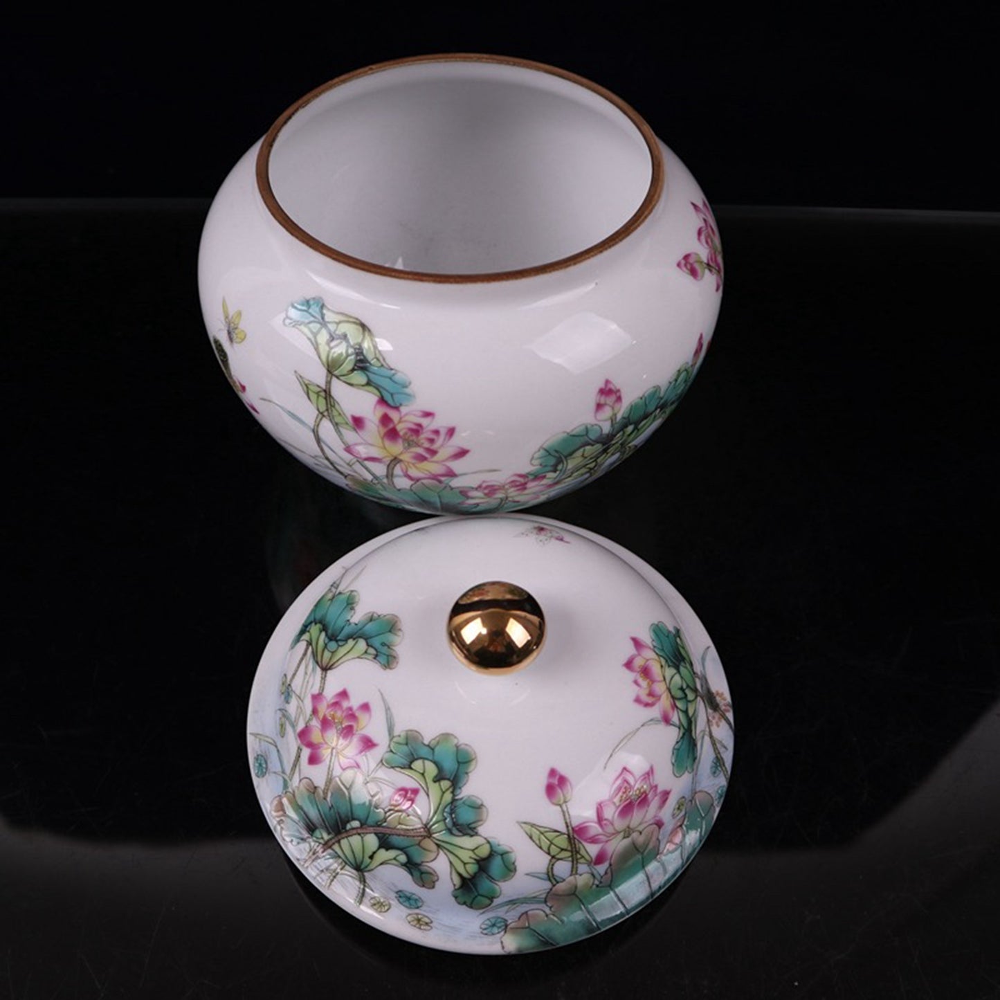 Pink lotus flower patterned lid jar