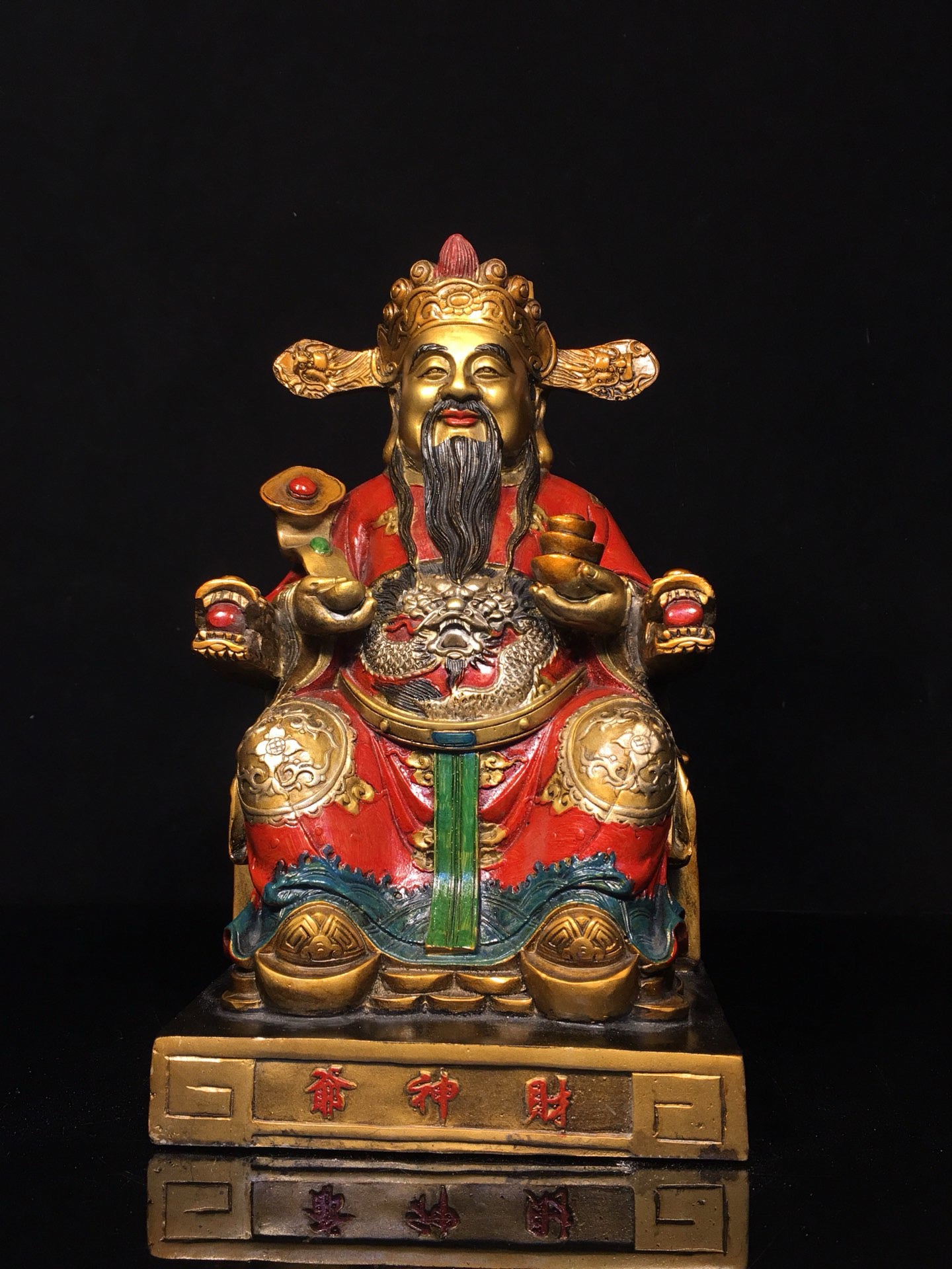 Chinese antique pure copper painted yellow God of Wealth Buddha statue