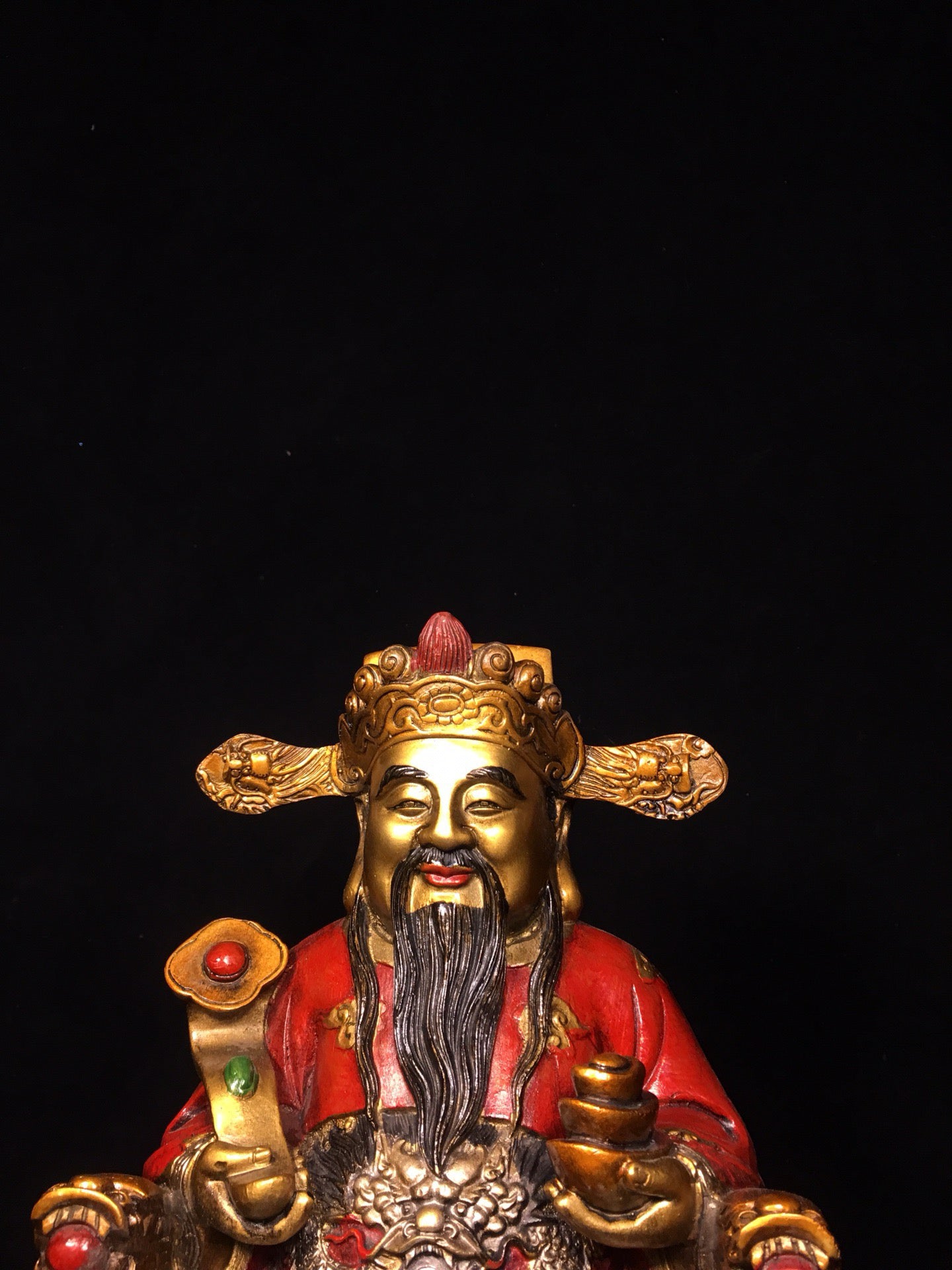 Chinese antique pure copper painted yellow God of Wealth Buddha statue