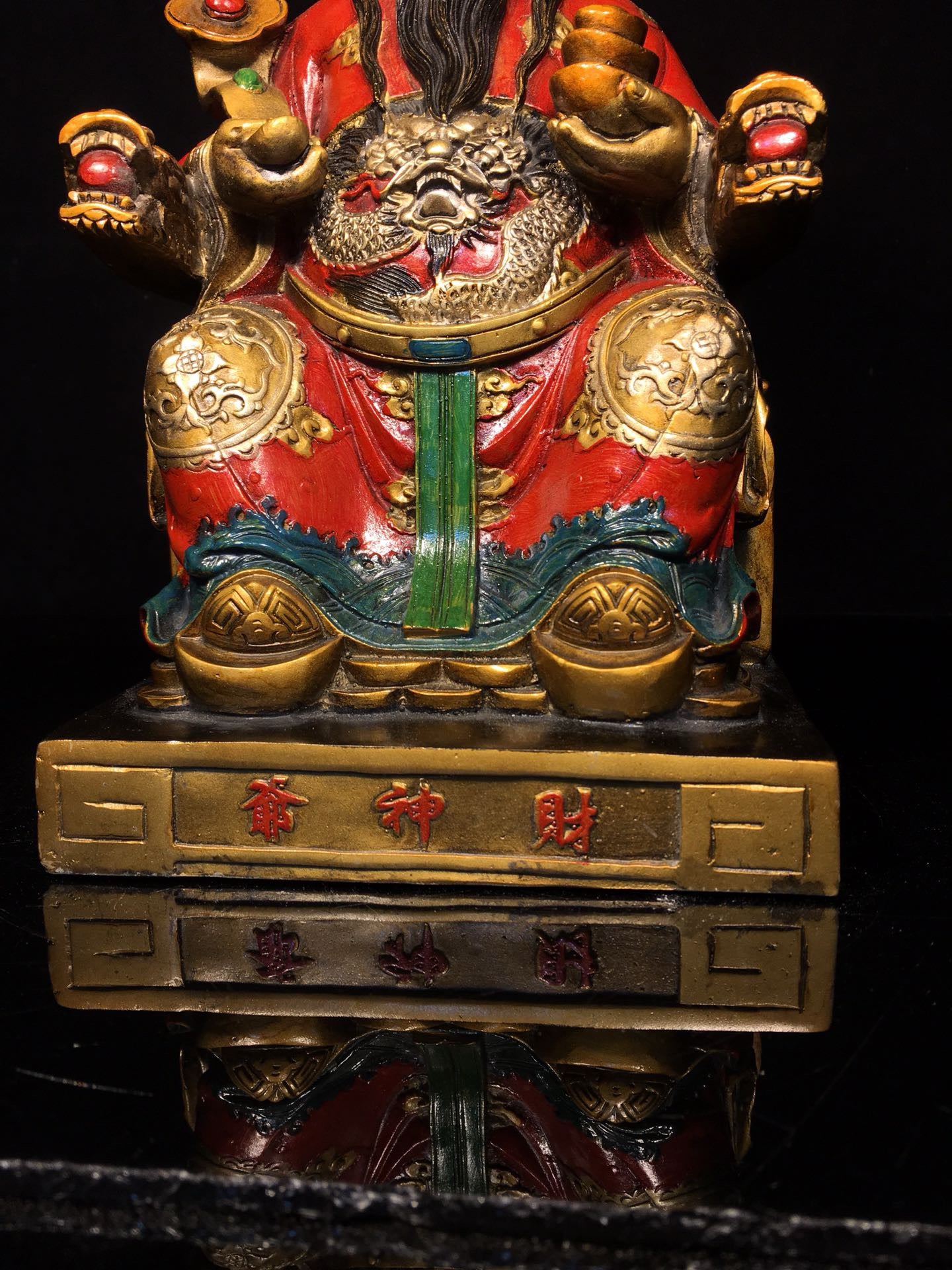Chinese antique pure copper painted yellow God of Wealth Buddha statue