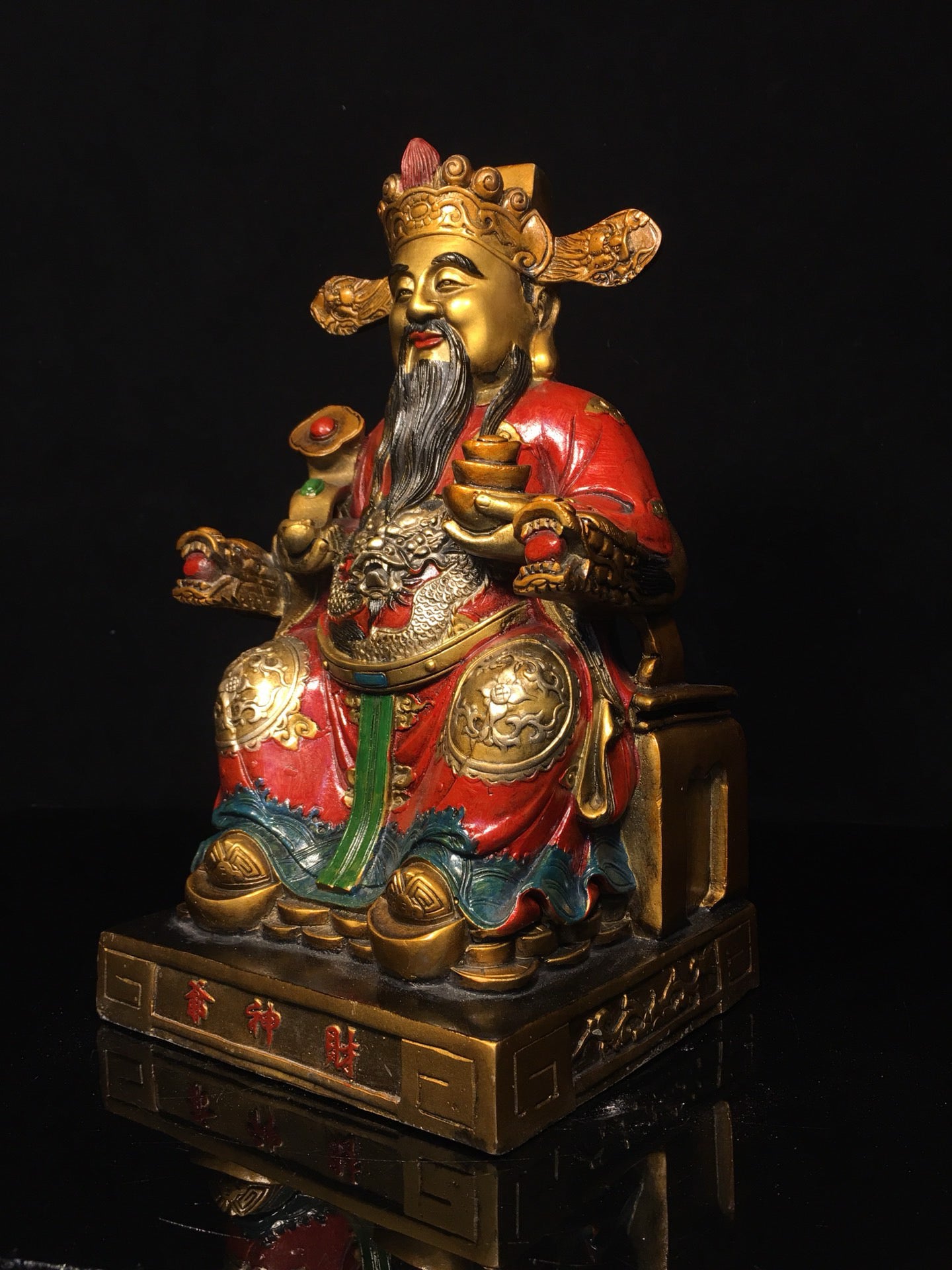 Chinese antique pure copper painted yellow God of Wealth Buddha statue