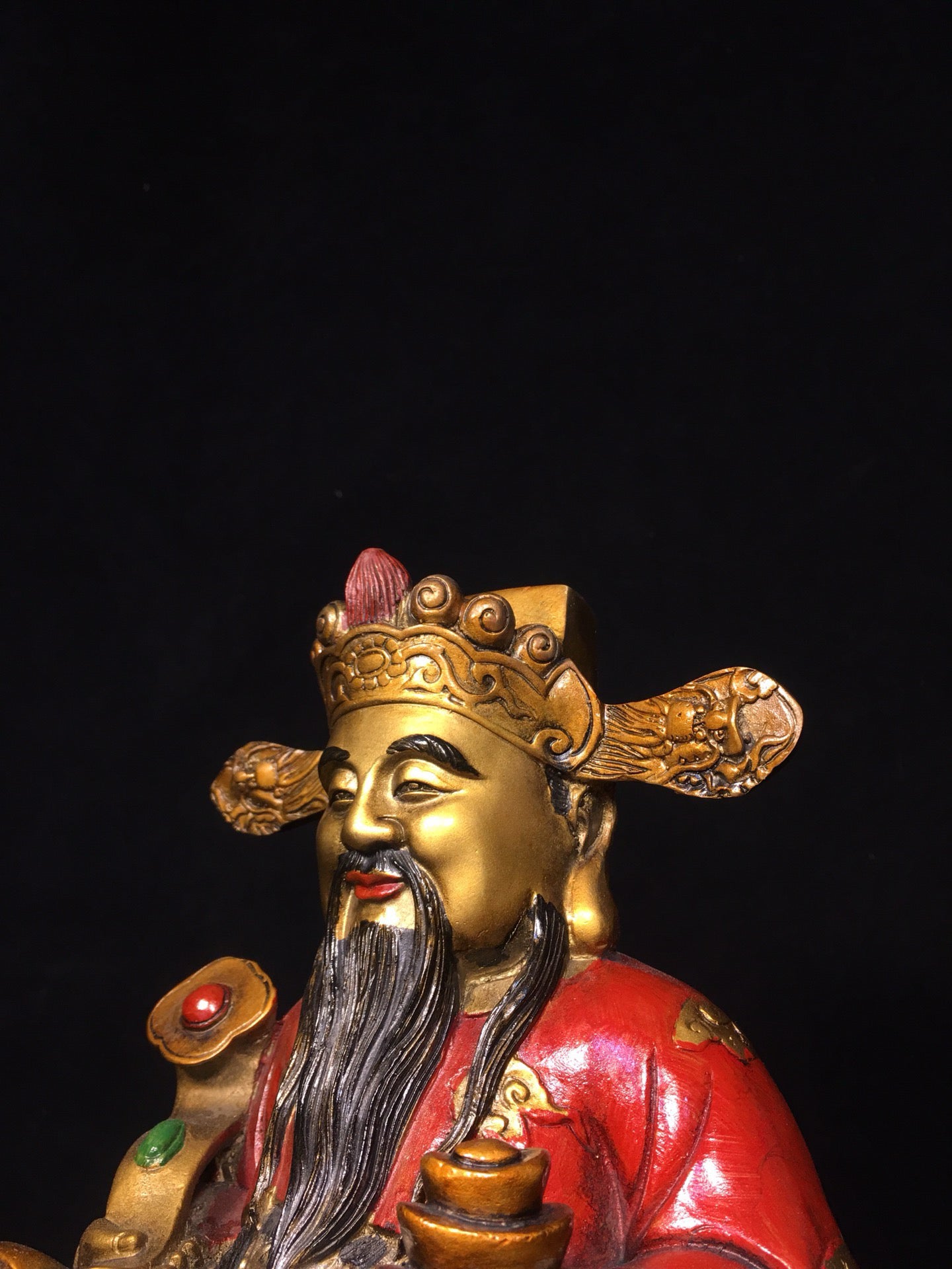 Chinese antique pure copper painted yellow God of Wealth Buddha statue