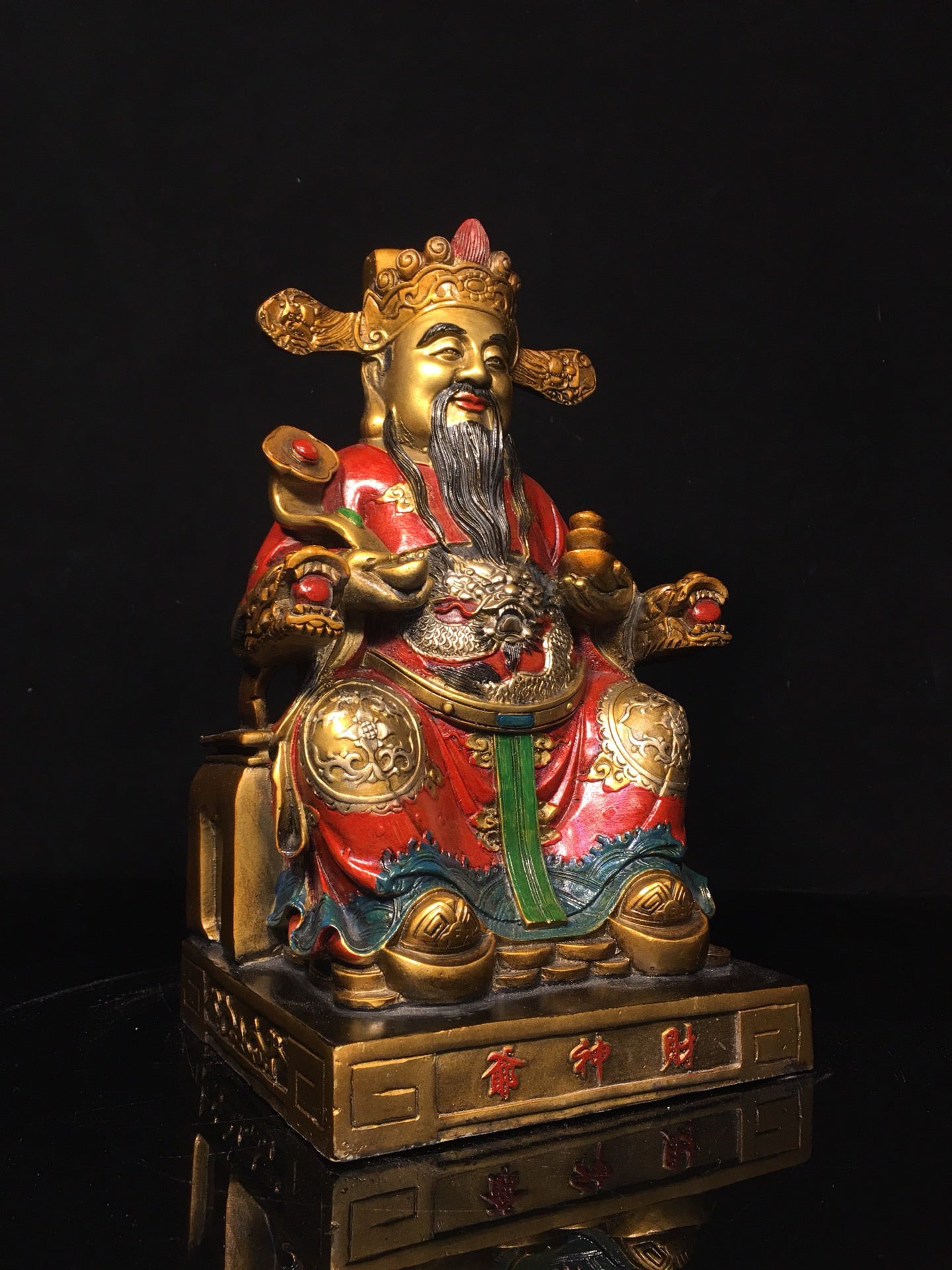 Chinese antique pure copper painted yellow God of Wealth Buddha statue