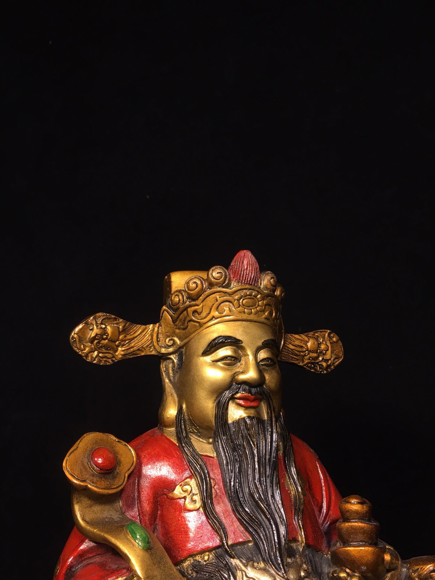Chinese antique pure copper painted yellow God of Wealth Buddha statue