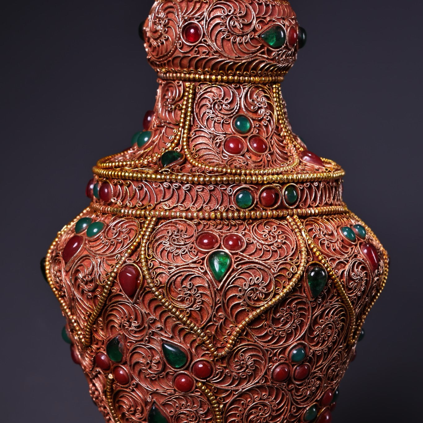 Chinese antique silk inlaid gemstone vase