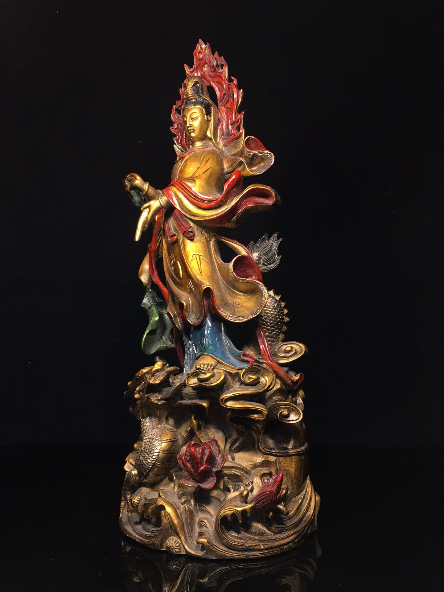 Chinese antique pure copper painted dripping Guanyin Bodhisattva statue